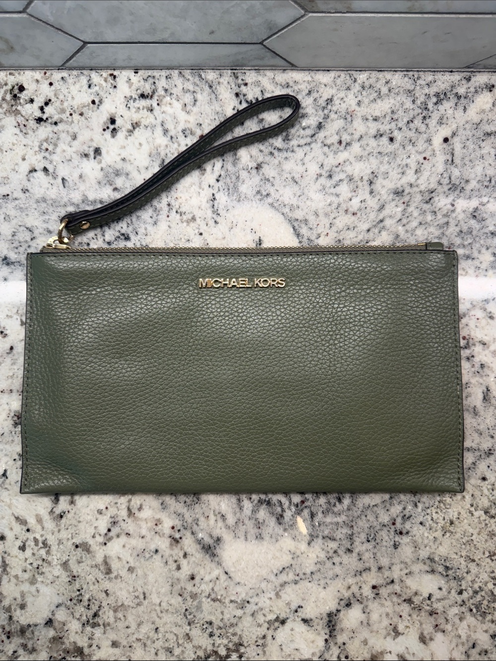 Michael Kors Olive Leather Wristlet with Gold Logo
